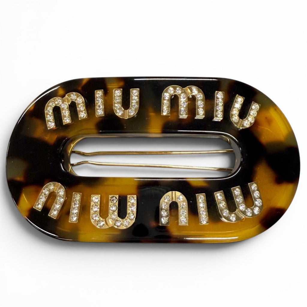 Great MIUMIU Valletta Logo Crystal Rigidplex Hair Clip Brown Women 5JF088